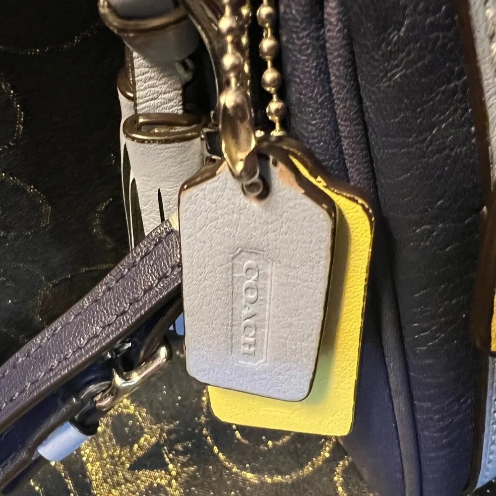 Coach Navy and Light Blue Leather Wristlet with Yellow Accent